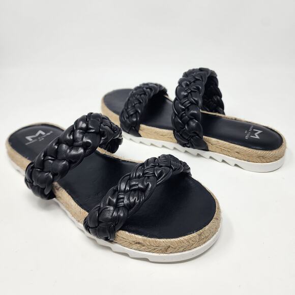 Marc Fisher Sandals Women 7.5M Jaimee Soft Black Leather Braided 2 Strap Slides - Picture 2 of 11